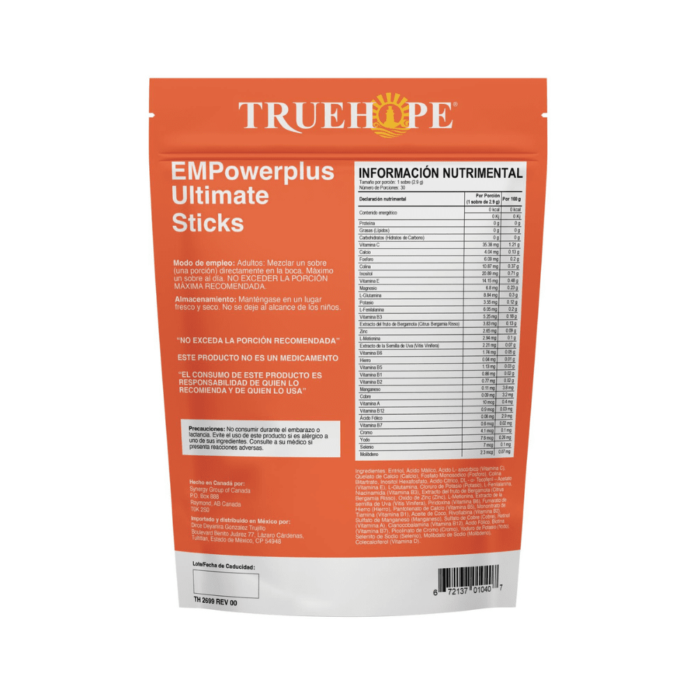 EMPowerplus Ultimate Sticks - TrueHope Imagen del producto EMPowerplus Ultimate Sticks de la marca TrueHope. Suplemento en polvo con colina, inositol, aminoácidos, bergamota, uva, vitaminas y minerales para reconstituir con sabor natural. Empaque de 30 sobres de 2.9 g cada uno.